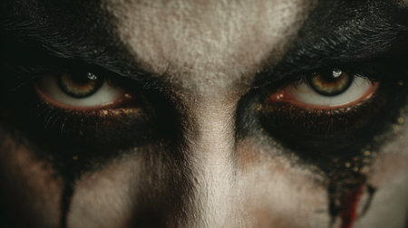 This close-up portrait highlights a striking face adorned with dramatic makeup, showcasing intense eyes that convey deep emotion, perfect for artistic exploration.の素材