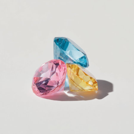 This image features a beautiful assortment of colorful gems, showcasing vibrant hues and geometric shapes that add elegance to any decorative setting or event.の素材