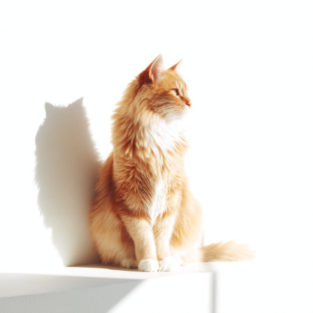 A charming ginger cat enjoying the warmth of sunlight, casting a soft shadow on a white wall, embodying tranquility and cozy indoor moments in a minimalistic setting.の素材