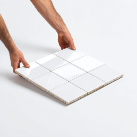 A skilled worker's hands meticulously lay out square white tiles on a bright surface, preparing for installation in a modern interior space, emphasizing quality and design.の素材