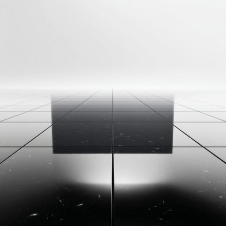 A polished marble floor leads to an abstract cube, creating a striking interplay of light and shadow in a minimalist setting that embodies tranquility and elegance.の素材