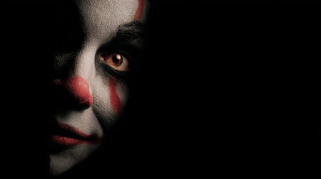A captivating image of a clown face partially emerging from darkness, showcasing striking makeup and a haunting gaze that enhances the eerie, mysterious mood.の素材