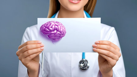 A cheerful female doctor smiles while holding a sheet of paper featuring a vibrant purple brain graphic. This image symbolizes healthcare, education, and modern medical practices.の素材