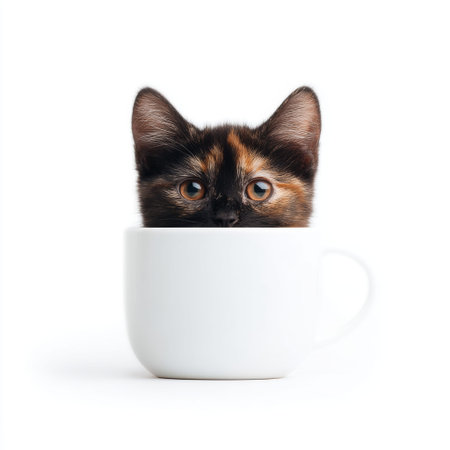 A charming tortoiseshell kitten playfully peeks out from a white coffee cup. The image captures the kitten's expressive eyes and delightful personality against a clean background.の素材