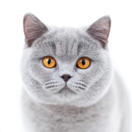 This captivating image features an adorable gray cat with vivid orange eyes, gazing curiously at the camera. The soft fur and expressive face create a charming portrait.の素材