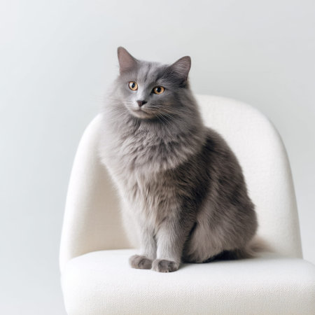 This image features a fluffy grey cat sitting gracefully on a modern white chair, capturing a serene moment ideal for pet-themed decor and lifestyle projects.の素材