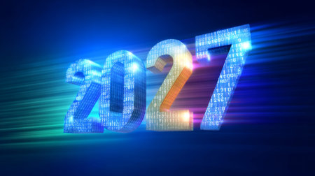 Vibrant digital illustration of the year 2027, featuring bright glowing numbers and binary code, symbolizing modern technology and future innovations.の素材