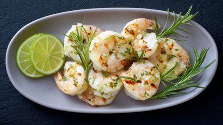 This enticing image features grilled shrimp garnished with fresh herbs and lime slices, perfect for culinary inspirations and summer dining experiences.の素材
