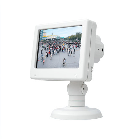 A display monitor showcases a vibrant urban scene filled with people engaging in their daily lives, creating a lively atmosphere in a public space under clear skies.の素材