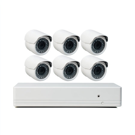 This stock image showcases six white surveillance cameras paired with a compact monitoring device against a clean background, highlighting modern security technology perfect for diverse safety needs.の素材
