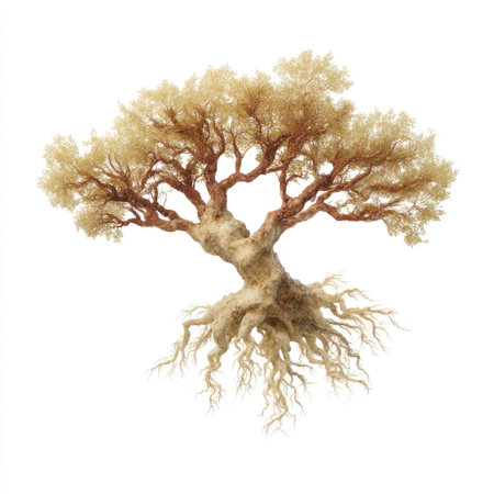 An exquisite depiction of a majestic tree showcasing intricate roots and golden leaves, perfect for representing nature, growth, and environmental themes in art.の素材