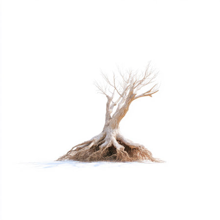 The image features a solitary gnarled tree with intricate roots set against a pure white background, beautifully illustrating nature's endurance and minimalist elegance.の素材