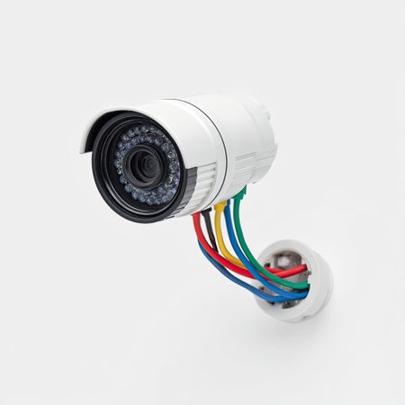This image features a high-resolution security camera with colorful wires, designed for modern surveillance systems. Ideal for safety and monitoring needs.の素材
