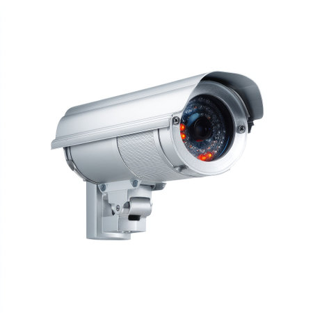 Modern security camera designed for effective surveillance in various environments. Features advanced technology, night vision capability, and sleek appearance.の素材