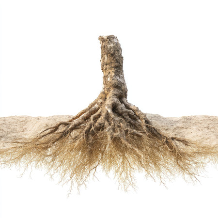 This striking image captures the intricate beauty of exposed tree roots emerging from the soil, highlighting their complex structure and natural textures. Perfect for educational and artistic use.の素材