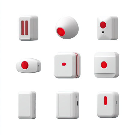 A visually striking collection of white electronic devices showcasing various shapes and designs, all featuring vibrant red buttons for enhanced interactivity and style.の素材