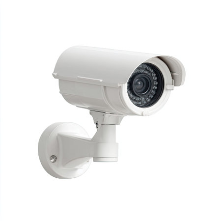 A sleek and modern white security camera designed for versatile outdoor use, featuring high-definition video capabilities and enhanced monitoring for safety and surveillance.の素材