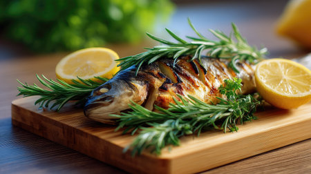 A beautifully arranged grilled fish garnished with fresh herbs and lemon slices on a wooden cutting board, showcasing vibrant colors and inviting presentation in a cozy kitchen.の素材