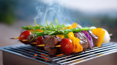 Enjoy the visual appeal of juicy meat skewers grilled to perfection, paired with fresh vegetables and aromatic herbs, ideal for summer gatherings and culinary delights.の素材