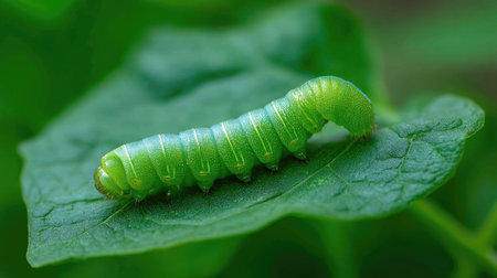 A vibrant green caterpillar rests on a leaf, showcasing intricate details and textures. The serene natural setting highlights the beauty of wildlife and microhabitats.の素材