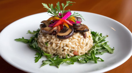 A beautiful serving of gourmet risotto topped with sliced mushrooms and vibrant vegetables, artfully arranged on a bed of fresh greens, perfect for food lovers.の素材