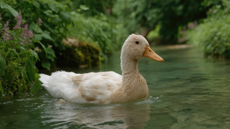 A serene scene featuring a duck gliding gracefully over clear water in a lush environment, surrounded by vibrant greenery and delicate flowers, evoking tranquility.の素材