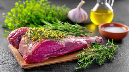 A vibrant scene showcasing a raw meat cut with fresh herbs and garlic on a wooden board, highlighting the ingredients perfect for preparing a delicious meal.の素材
