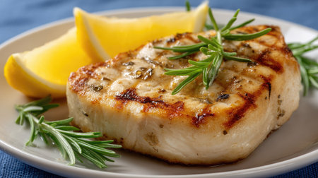 A beautifully grilled fish fillet served on a white plate, accompanied by fresh lemon slices and aromatic herbs, perfect for a healthy and flavorful meal.の素材