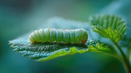 A stunning close-up of a green caterpillar on a green leaf, adorned with dew drops, captures the essence of nature's beauty and intricate details in a tranquil environment.の素材