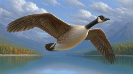 A stunning image of a goose in flight over a tranquil lake surrounded by mountains, with soft clouds above. This photo captures the essence of nature's beauty and peace.の素材