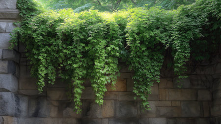 A captivating scene of vibrant green vines cascading gracefully over a textured stone wall, illuminated by soft natural light, creating a serene and tranquil environment.の素材