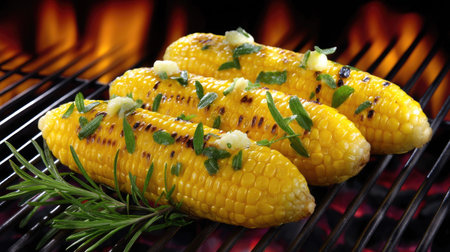 Experience the mouthwatering delight of grilled corn on the cob, topped with garlic butter and fresh herbs, perfect for summer cookouts and outdoor gatherings.の素材