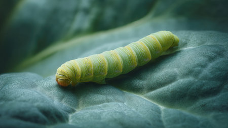 This stunning macro photograph showcases a green caterpillar resting on a leaf. The intricate details of the insect and its natural environment highlight the beauty of nature.の素材