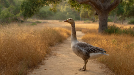 A graceful goose stands on a sunlit path, surrounded by golden grass in a tranquil landscape. This serene scene reflects the beauty of nature and wildlife.の素材