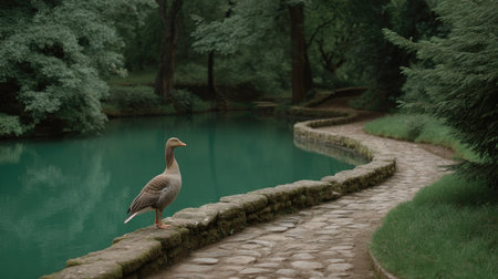 A serene image of a goose standing by calm water on a stone pathway, surrounded by lush greenery. This peaceful scene captures the essence of nature's tranquility.の素材