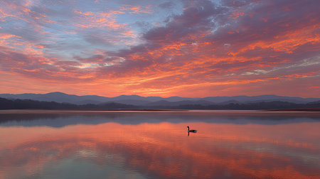 A stunning scene capturing a vibrant sunset over a tranquil lake, featuring the silhouette of a duck gliding across the still water, surrounded by mountains and colorful clouds.の素材