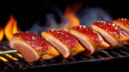 Mouthwatering grilled duck skewers glisten with a rich glaze, surrounded by enticing flames, ideal for showcasing exquisite dishes in culinary photography.の素材