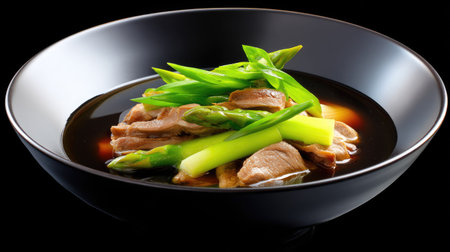 A stunning arrangement of tender meat with fresh green onions and crisp asparagus in a glossy black bowl, perfect for showcasing fine dining and gourmet cuisine.の素材