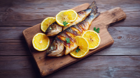 A beautifully arranged image of grilled fish garnished with lemon slices on a rustic wooden cutting board, evoking a sense of delicious, healthy meals and seasonal freshness.の素材