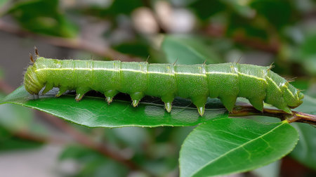 A large green caterpillar rests on a green leaf, highlighting its vibrant color and unique textures. This image captures the essence of nature's beauty and transformation.の素材