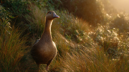 A tranquil waterfowl stands gracefully in the soft morning glow of a natural landscape, surrounded by lush green grass, evoking a sense of peace and serenity.の素材