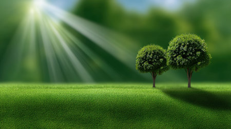 A tranquil landscape featuring two vibrant trees in a lush green meadow, with enchanting sunlight rays streaming down, creating a peaceful and harmonious atmosphere.の素材