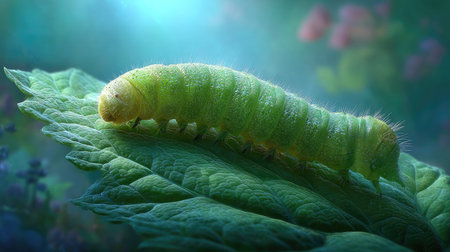 This image captures a vibrant green caterpillar resting on a textured leaf, illuminated by soft natural light, showcasing the beauty of nature and insect life.の素材