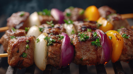 Delicious grilled skewers featuring juicy meat and vibrant vegetables, perfect for summer gatherings and outdoor barbecues. A feast for the senses awaits.の素材