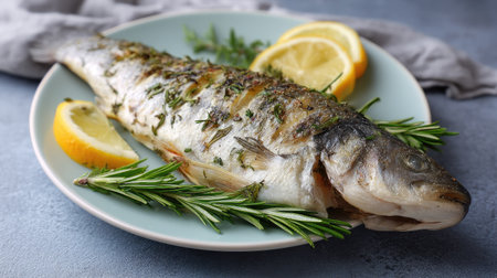 This image features a beautifully baked whole fish garnished with lemon slices and fresh rosemary, perfect for a delicious home-cooked meal and elegant presentation.の素材