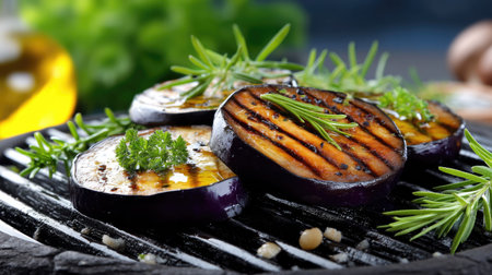 Discover the art of grilling with these beautiful slices of eggplant, garnished with fresh herbs and olive oil, showcasing vibrant colors and textures perfect for any dish.の素材