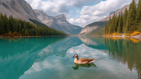 A tranquil scene of a vibrant lake reflecting majestic mountains under a dynamic sky, featuring a duck gracefully swimming. A perfect nature escape.の素材