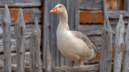 A beautiful goose stands proudly on a rustic wooden fence, enhancing the tranquil charm of the surrounding countryside. The serene farm setting captures nature's peace.の素材
