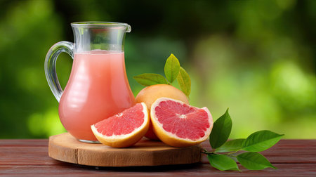 A vibrant glass pitcher filled with refreshing pink grapefruit juice, accompanied by fresh grapefruit slices, set against a lush green background, perfect for health-focused themes.の素材