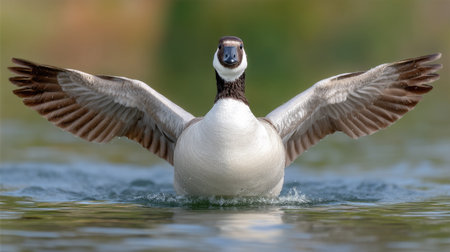 A captivating waterfowl displaying its majestic wings while gliding through serene waters, surrounded by a soft blurred nature backdrop, perfect for wildlife imagery.の素材